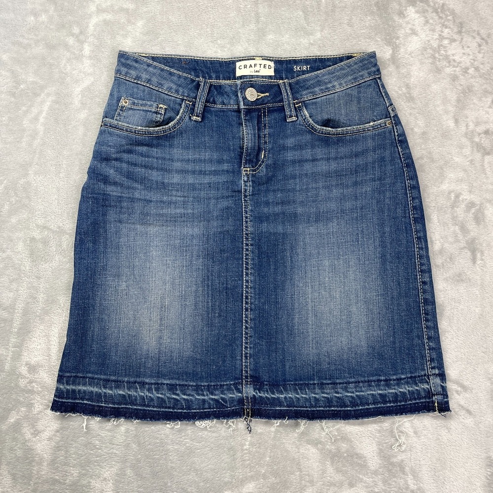Crafted by Lee Skirt Womens 2M Blue‎ Denim Faded Whiskered Mini Raw Hem Stretch